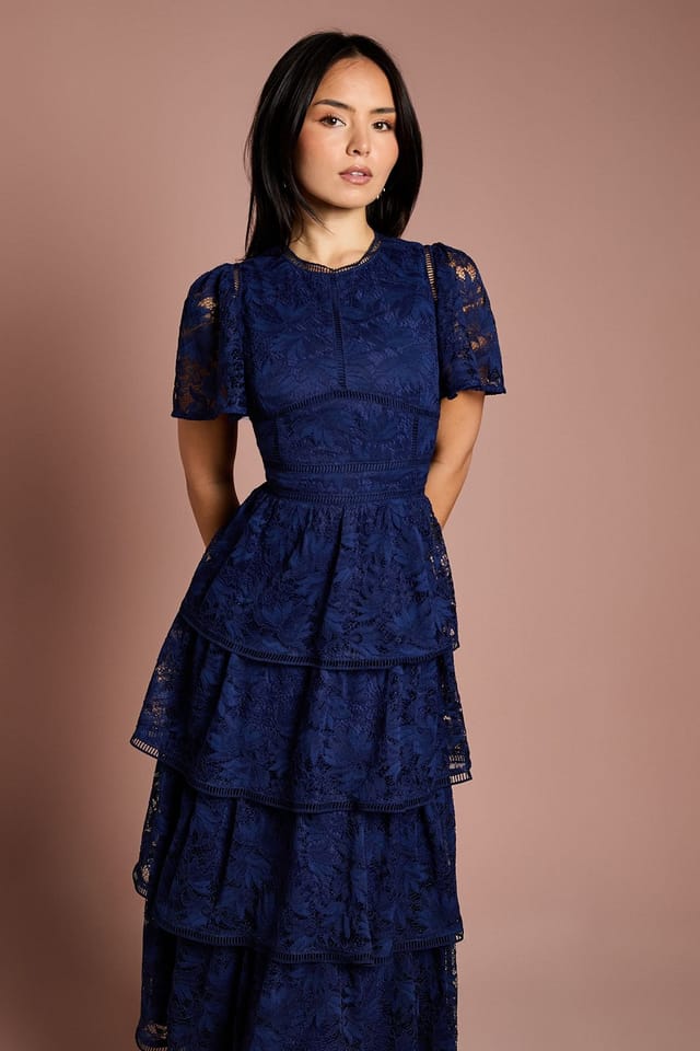 Coast Coast Women's Petite Tiered Lace Dress With Flutter Sleeve & Trims in Navy - 2