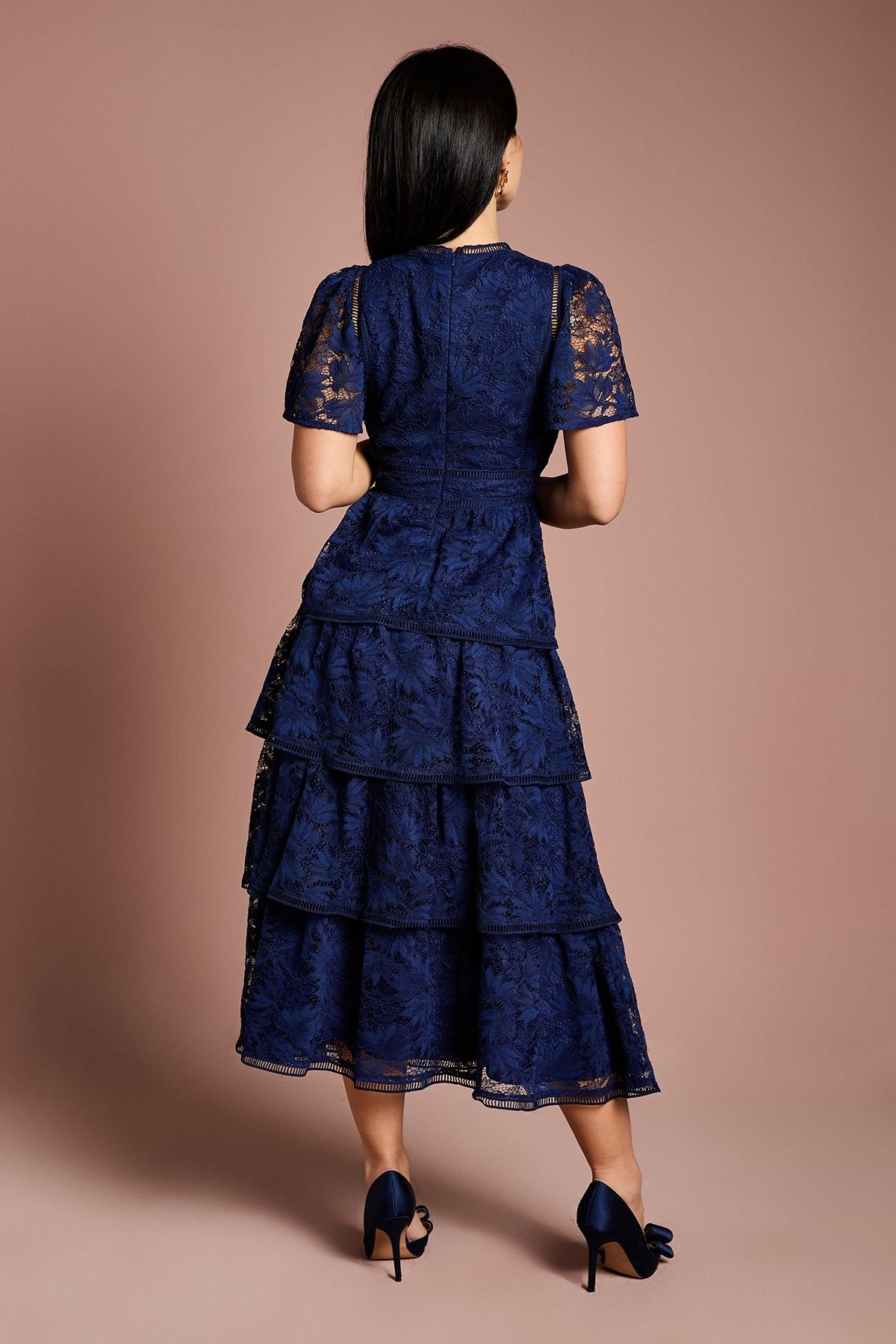 Coast Coast Women's Petite Tiered Lace Dress With Flutter Sleeve & Trims in Navy - 3