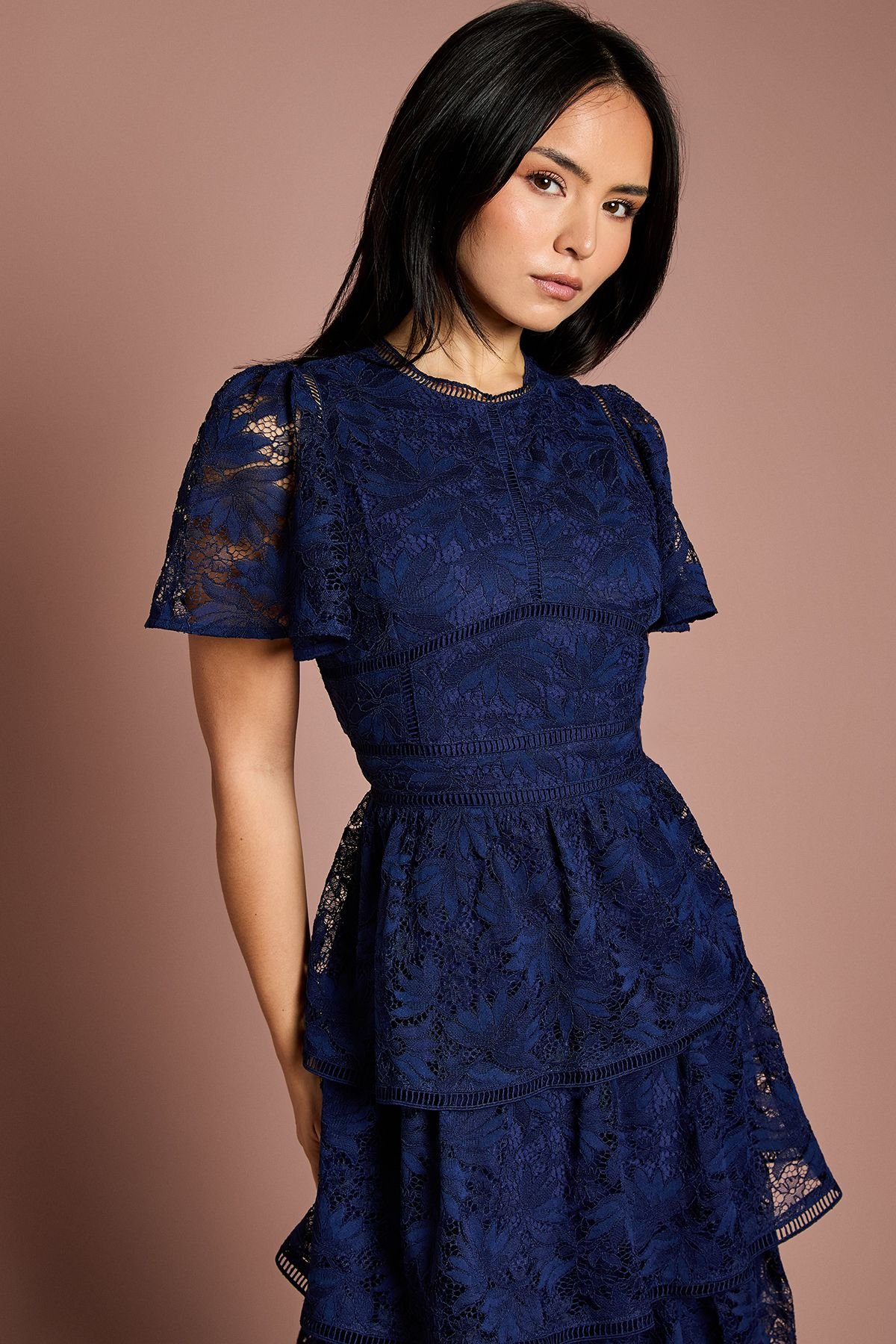 Coast Coast Women's Petite Tiered Lace Dress With Flutter Sleeve & Trims in Navy - 4