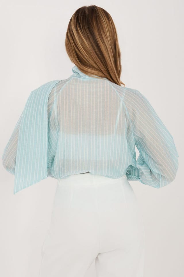 Love Lace Love Lace Women's Long Sleeve Striped Tie Neck Puff Sleeve Shirt in Aqua - 3
