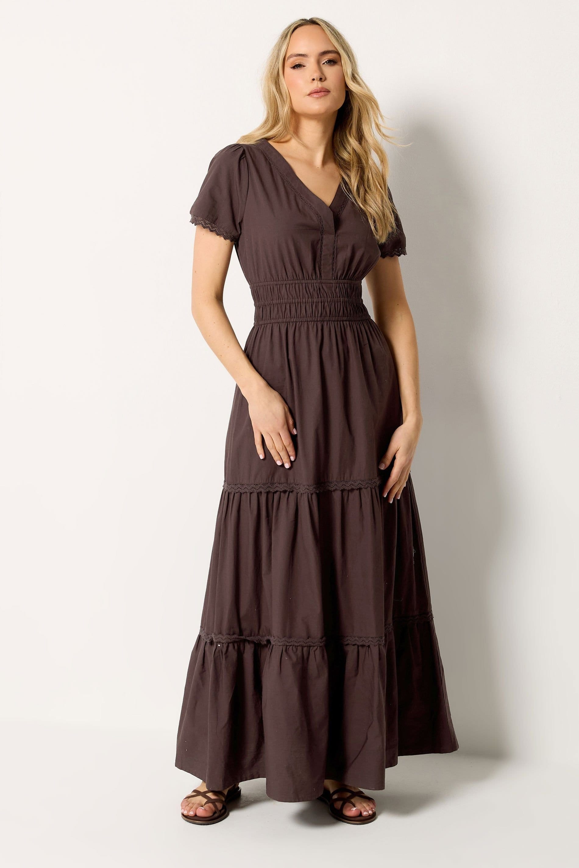 Long Tall Sally Long Tall Sally Women's Tall Lace Trim Tiered Maxi Dress in Chocolate - 4