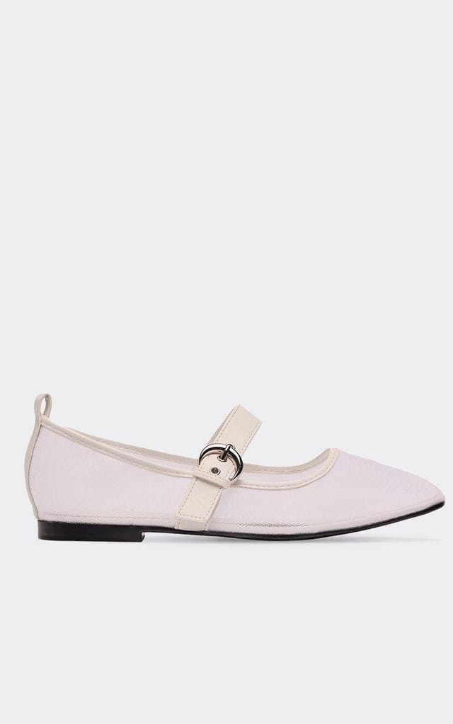 EGO West Buckle Strap Flat Ballet Pump In White Mesh, Women's Size UK 3 - 2