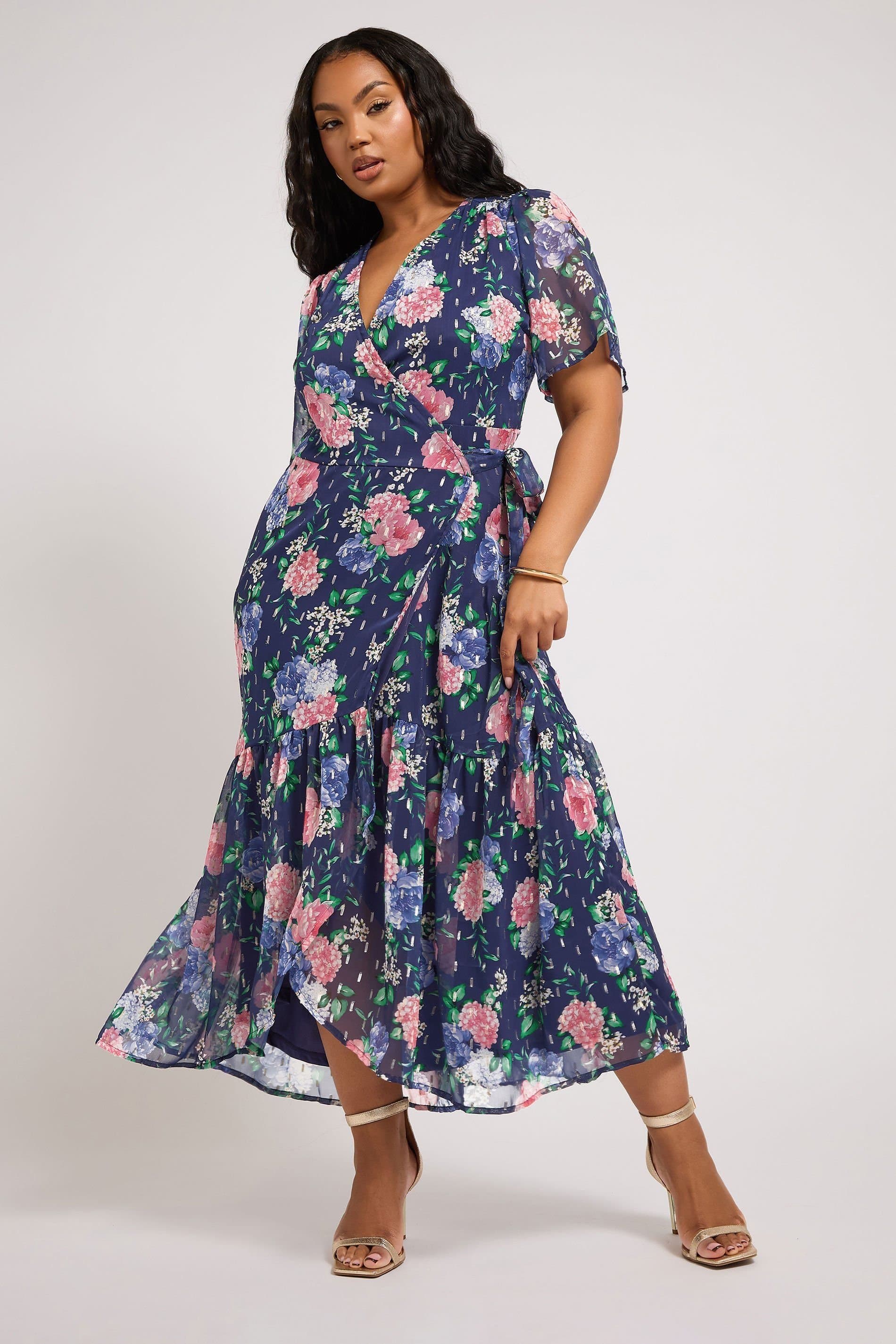 Yours Yours Women's Floral Metallic Wrap Dress in Dark Navy