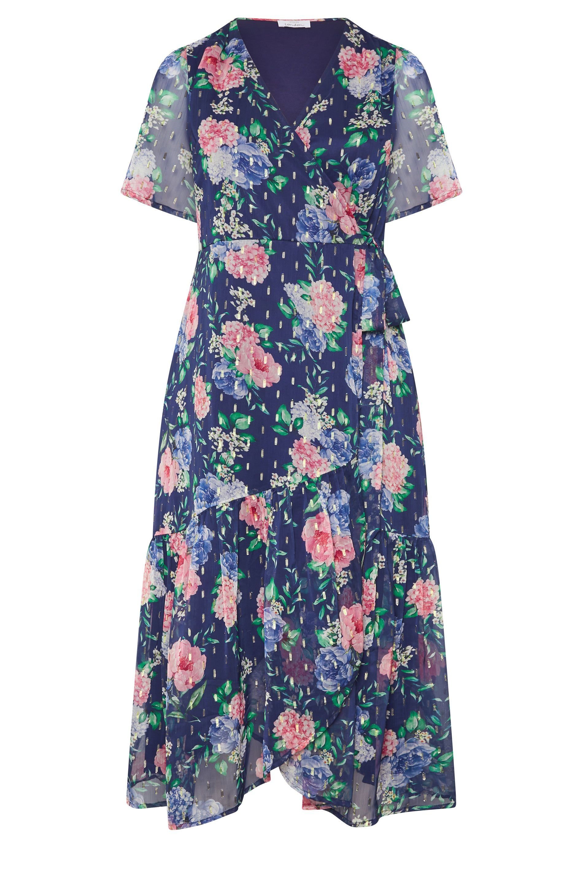 Yours Yours Women's Floral Metallic Wrap Dress in Dark Navy - 2