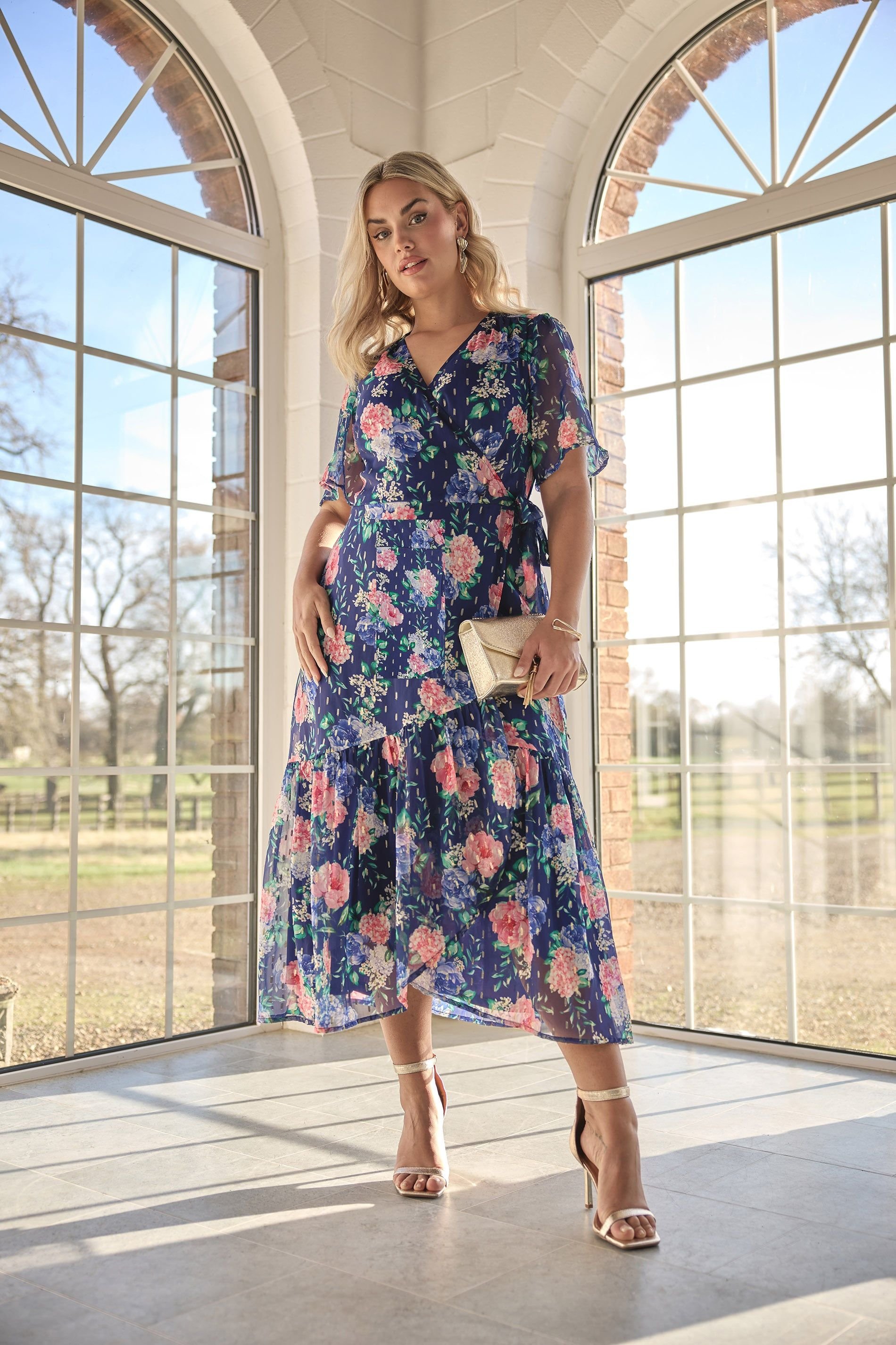 Yours Yours Women's Floral Metallic Wrap Dress in Dark Navy - 3