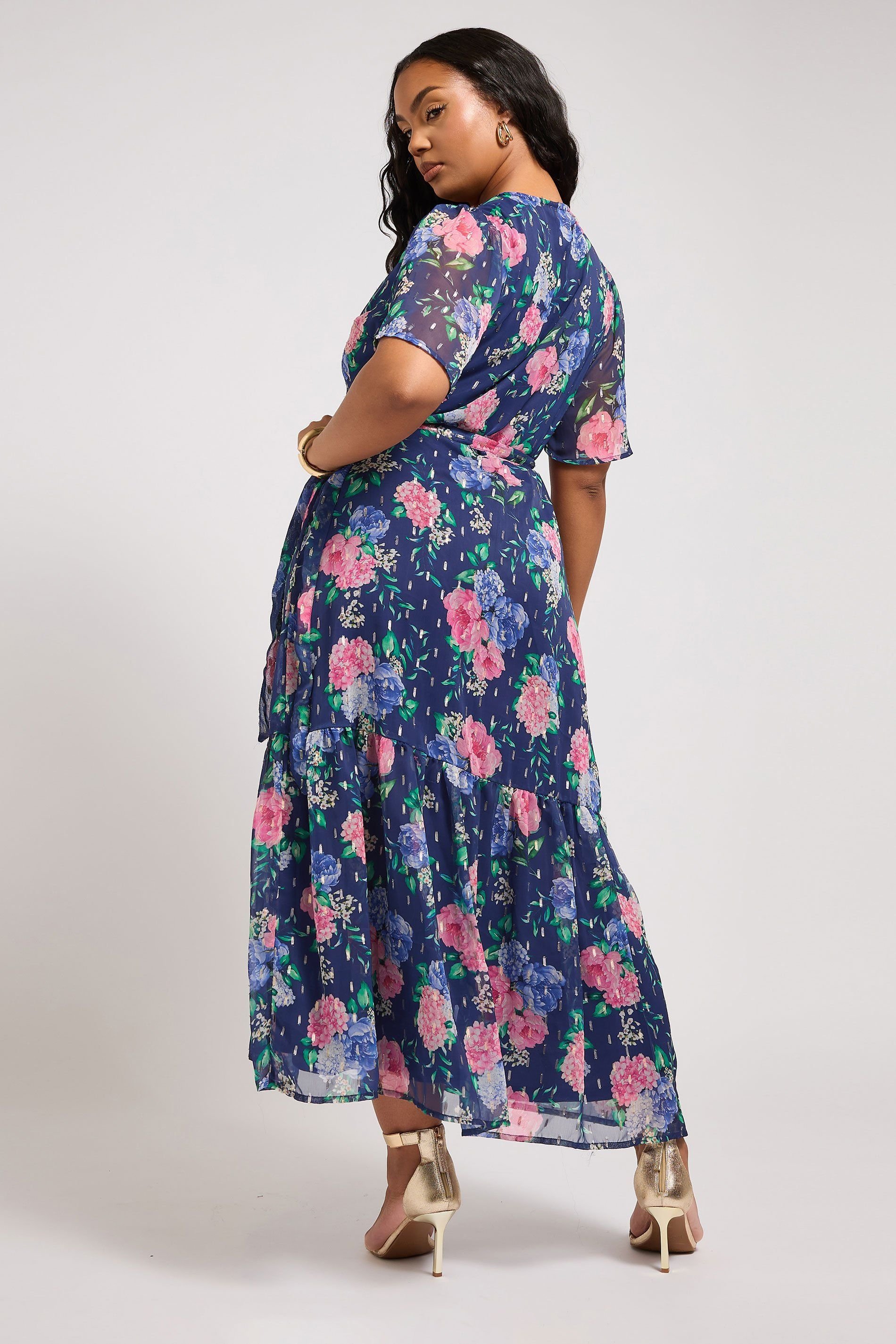 Yours Yours Women's Floral Metallic Wrap Dress in Dark Navy - 4