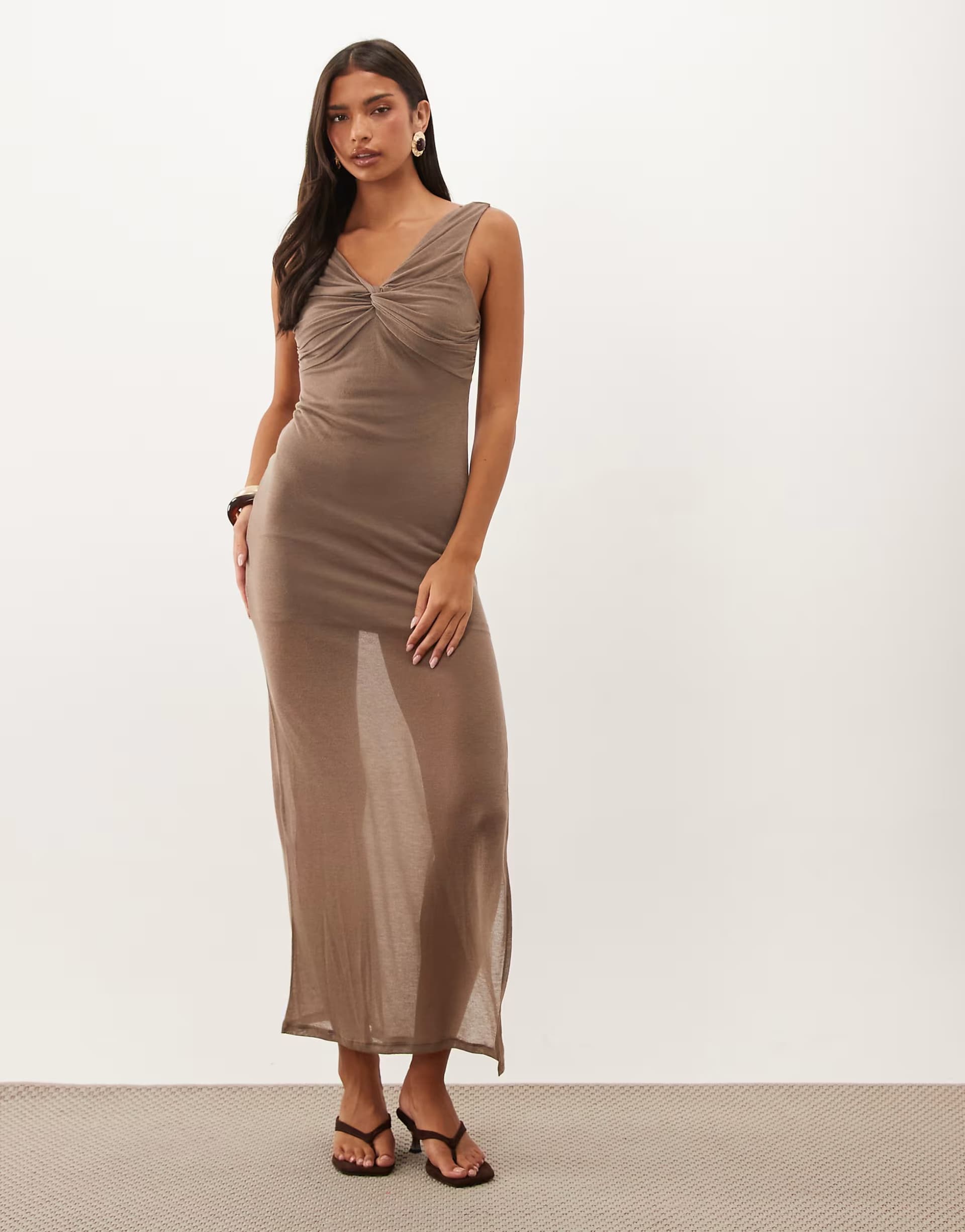 ASOS ASOS DESIGN soft semi sheer column maxi dress with twist bust detail in taupe