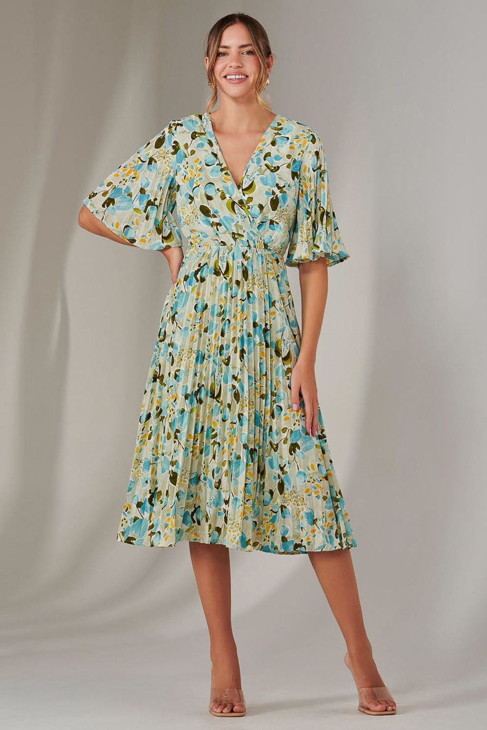 Jolie Moi Jolie Moi Women's Pleated Wrap Midi Dress in Light Beige - 3