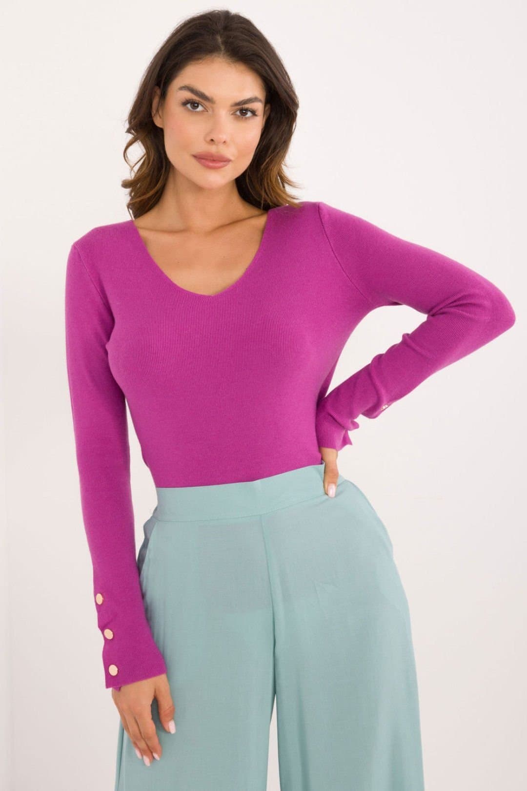 Love Lace Love Lace Women's V Neck Button Cuff Casual Sweater in Violet