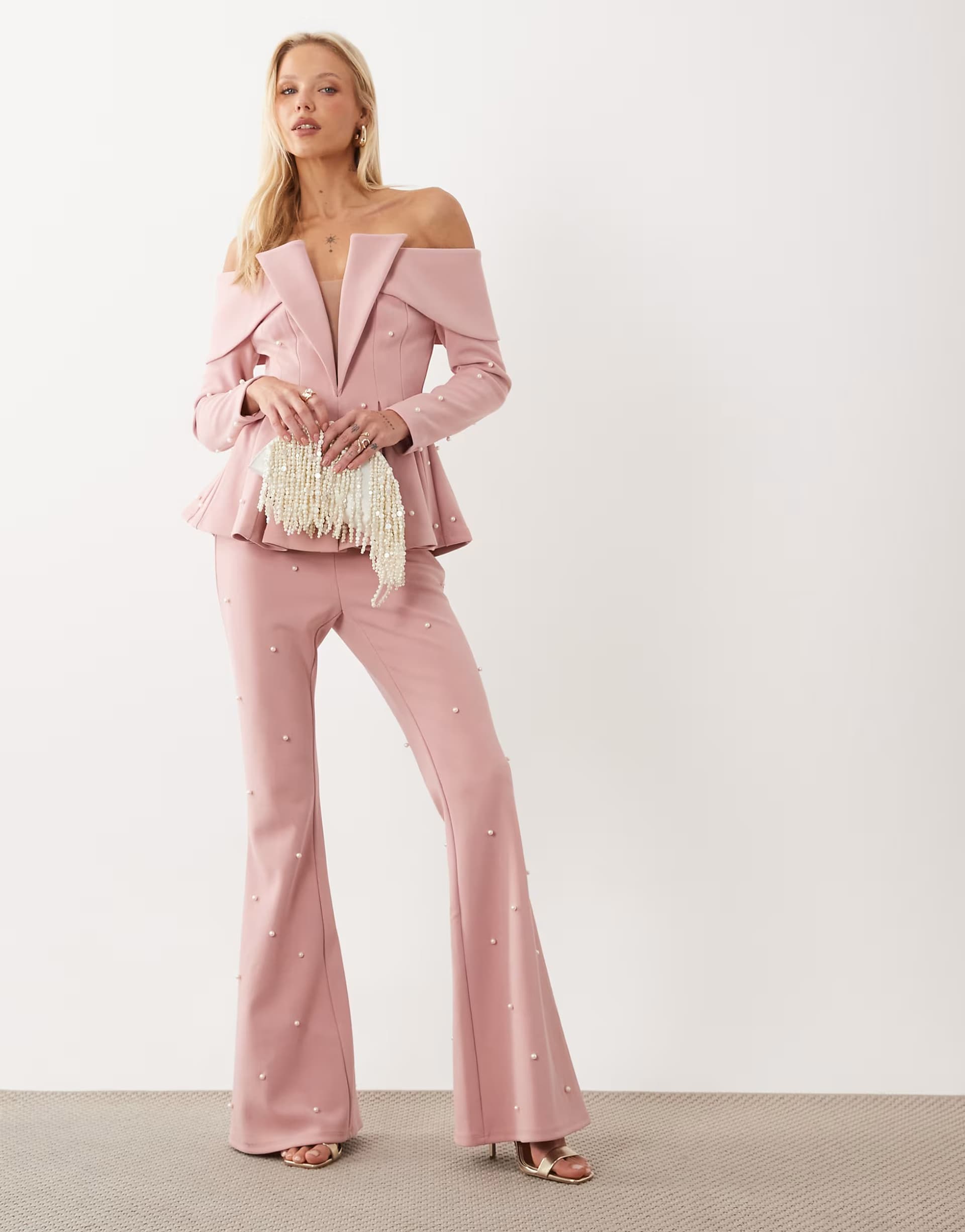 ASOS ASOS LUXE Pearl Embellished Off-Shoulder Blazer Top And Tailored