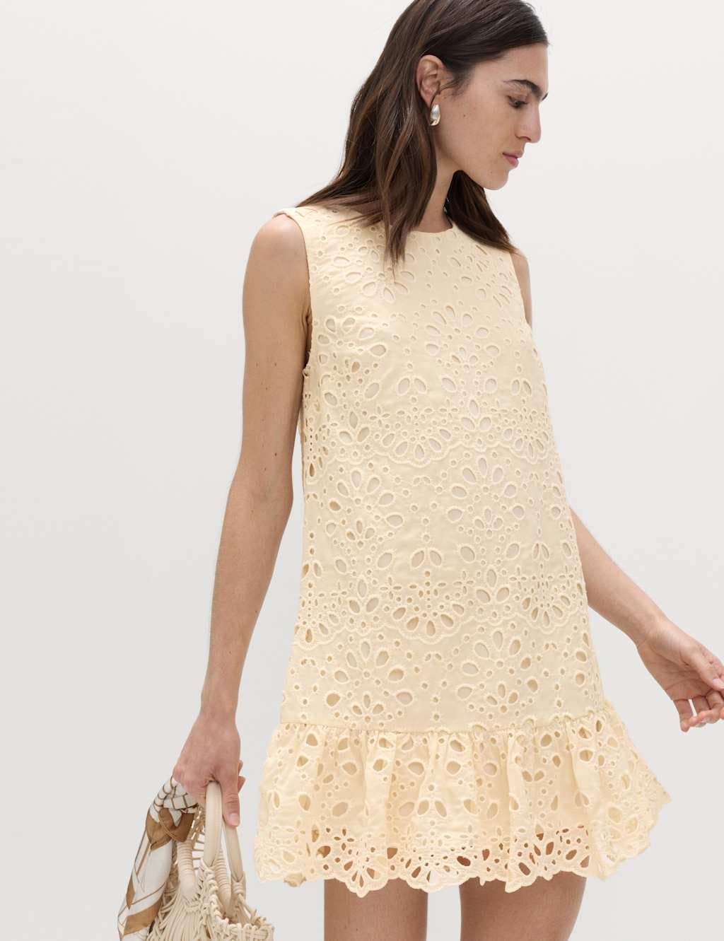 Marks & Spencer M&S Broderie Cutwork Detail Mini Shift Dress Pale Yellow