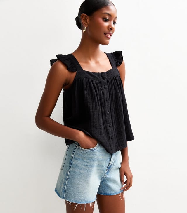 New Look Women's Black Frilly Sleeve Button Up Top New Look - 2