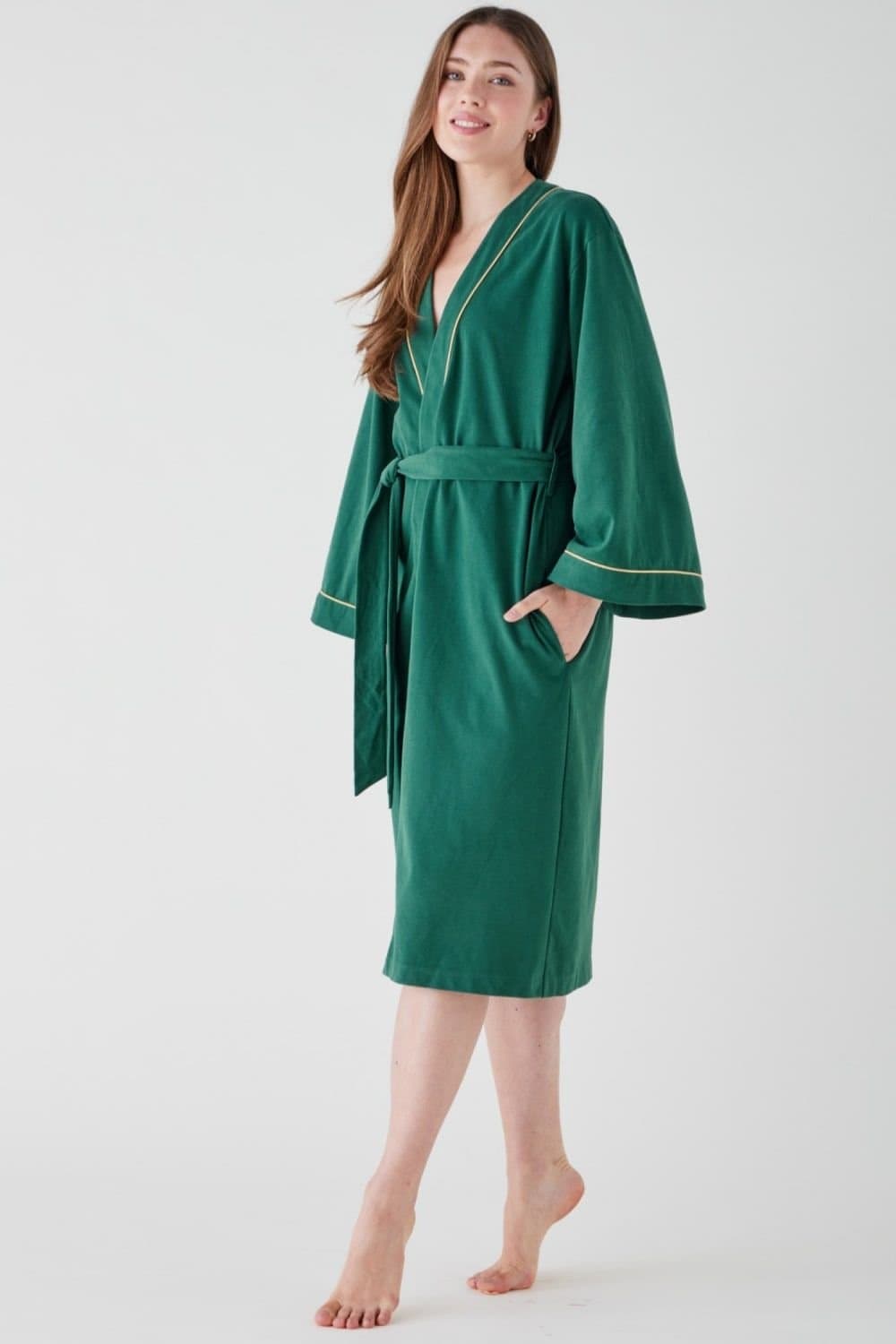 The Night Store The Night Store Women's Forest Green Brushed Cotton Jersey Dressing Gown in Dark Green