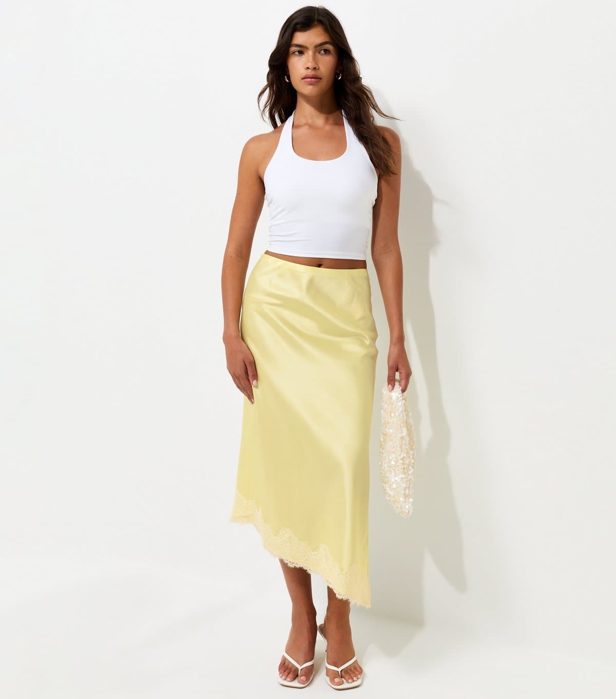 New Look Women's Light Yellow Satin Lace Asymmetric Midi Skirt New Look