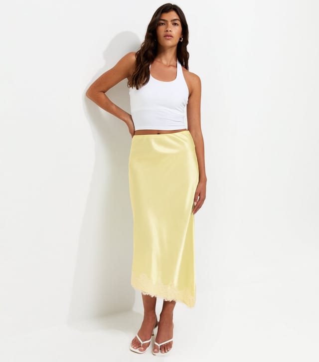 New Look Women's Light Yellow Satin Lace Asymmetric Midi Skirt New Look - 2