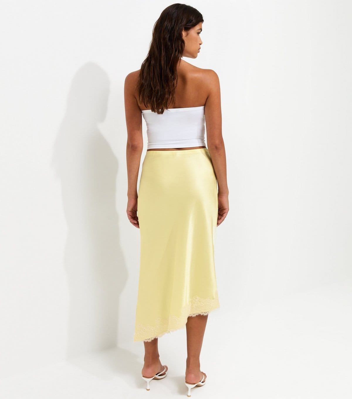 New Look Women's Light Yellow Satin Lace Asymmetric Midi Skirt New Look - 4