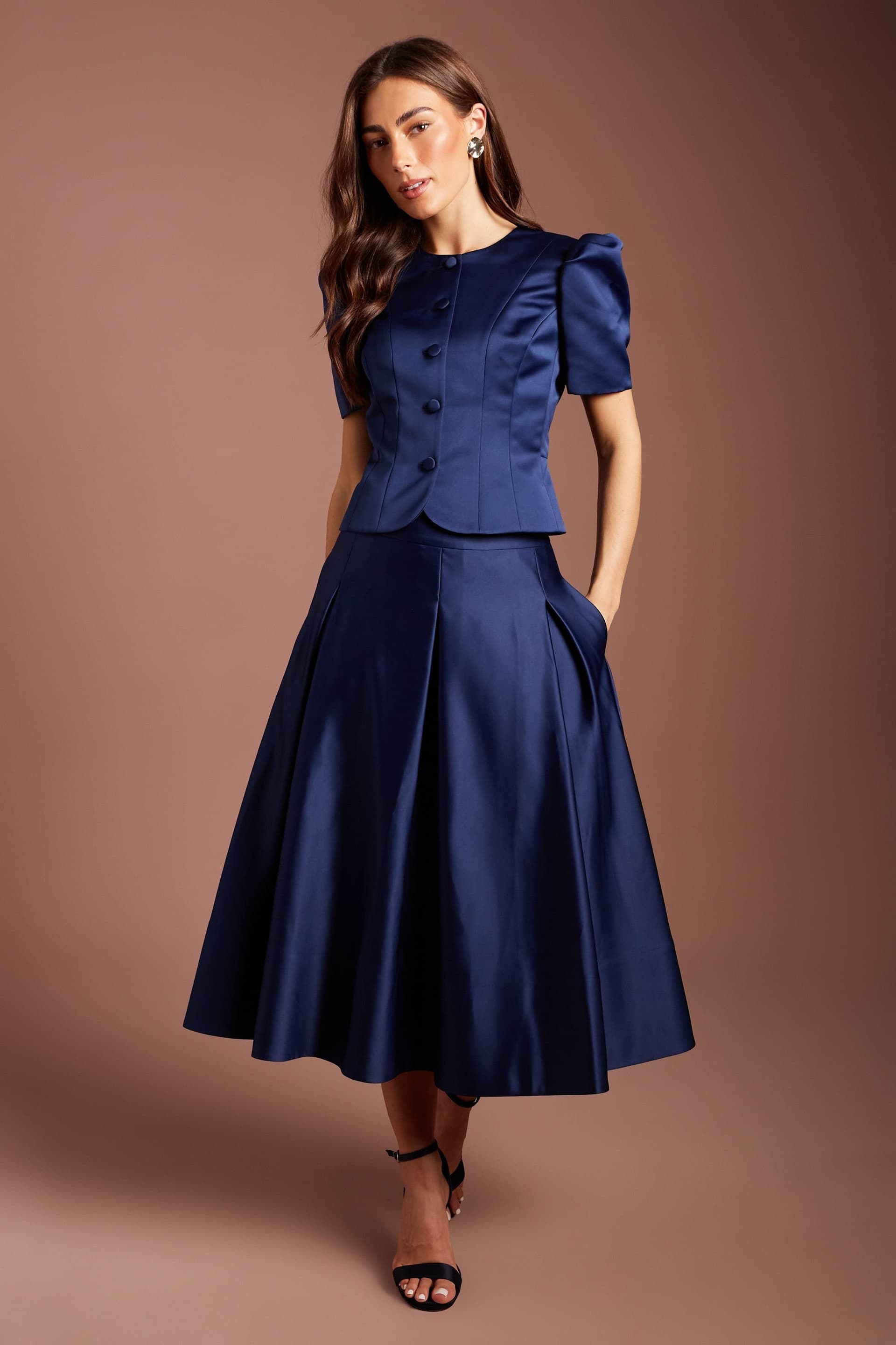 Coast Coast Women's Satin Pleat Front Midi Full Skirt in Navy