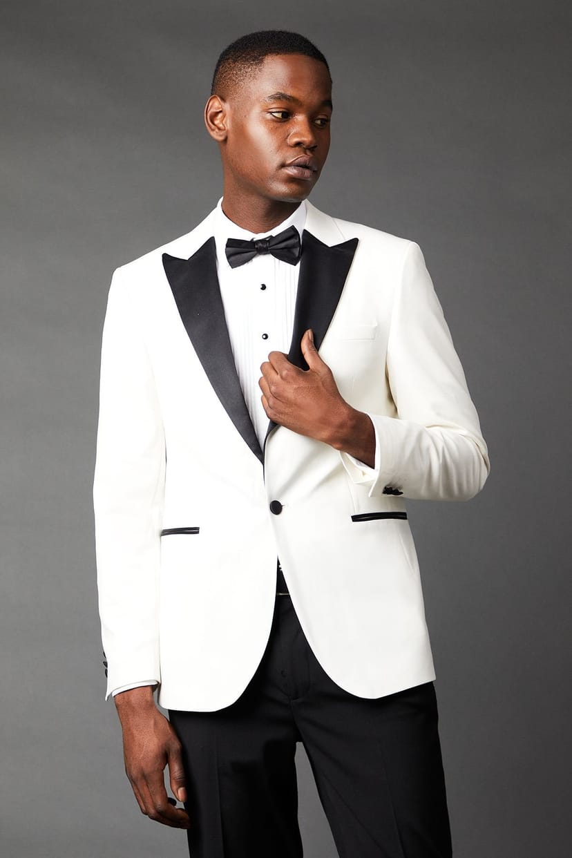 Burton Burton Men's White Tailored Fit Peak Collar Tuxedo Jacket - 1