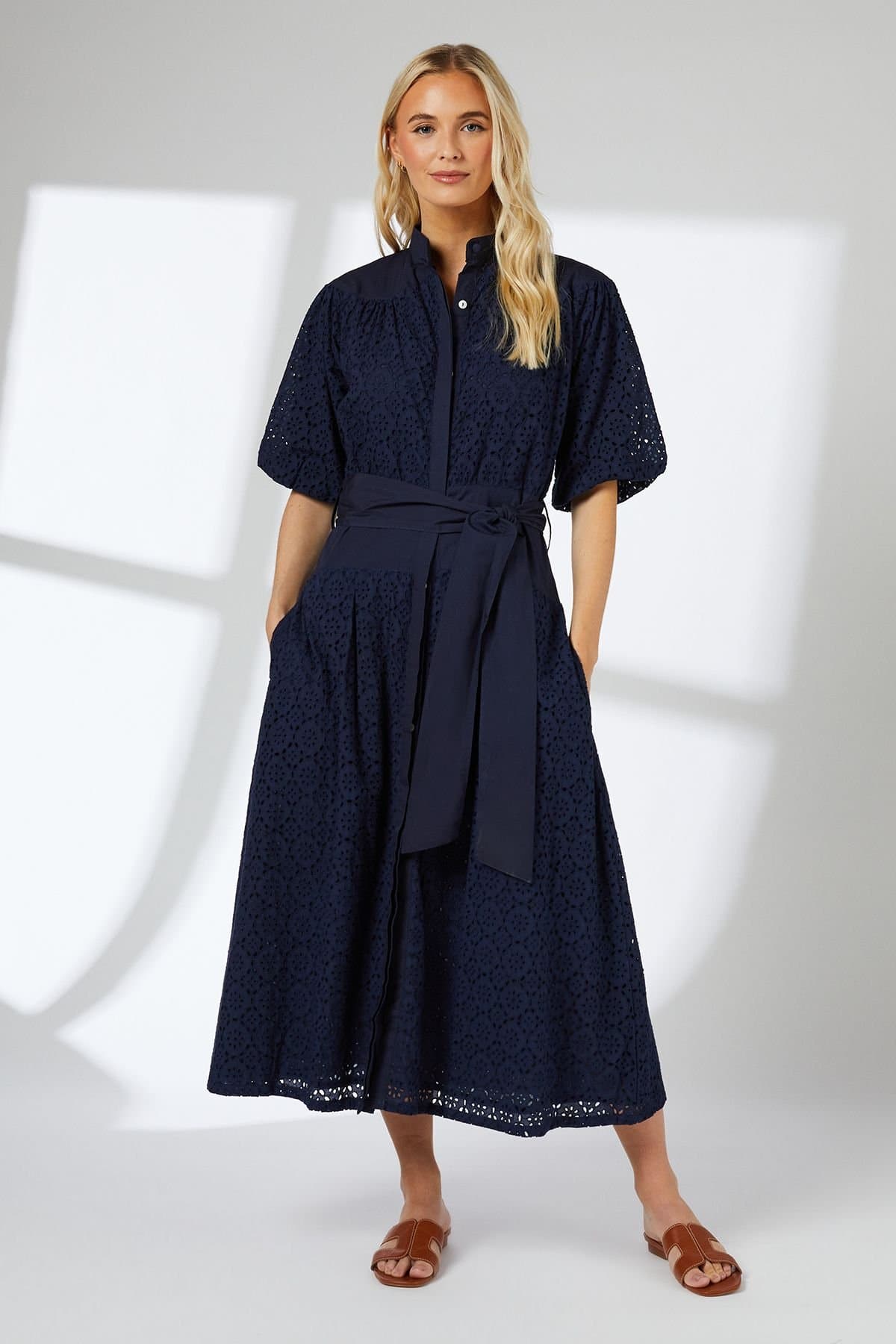 Principles Principles Women's Broderie Belted Contrast Detail Midaxi Dress in Navy