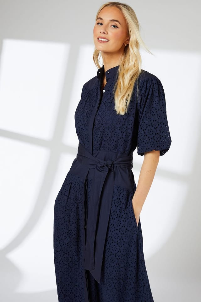 Principles Principles Women's Broderie Belted Contrast Detail Midaxi Dress in Navy - 2