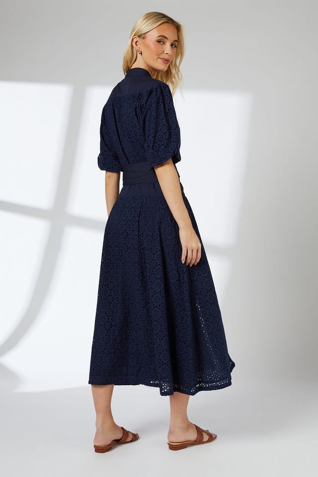 Principles Principles Women's Broderie Belted Contrast Detail Midaxi Dress in Navy - 3