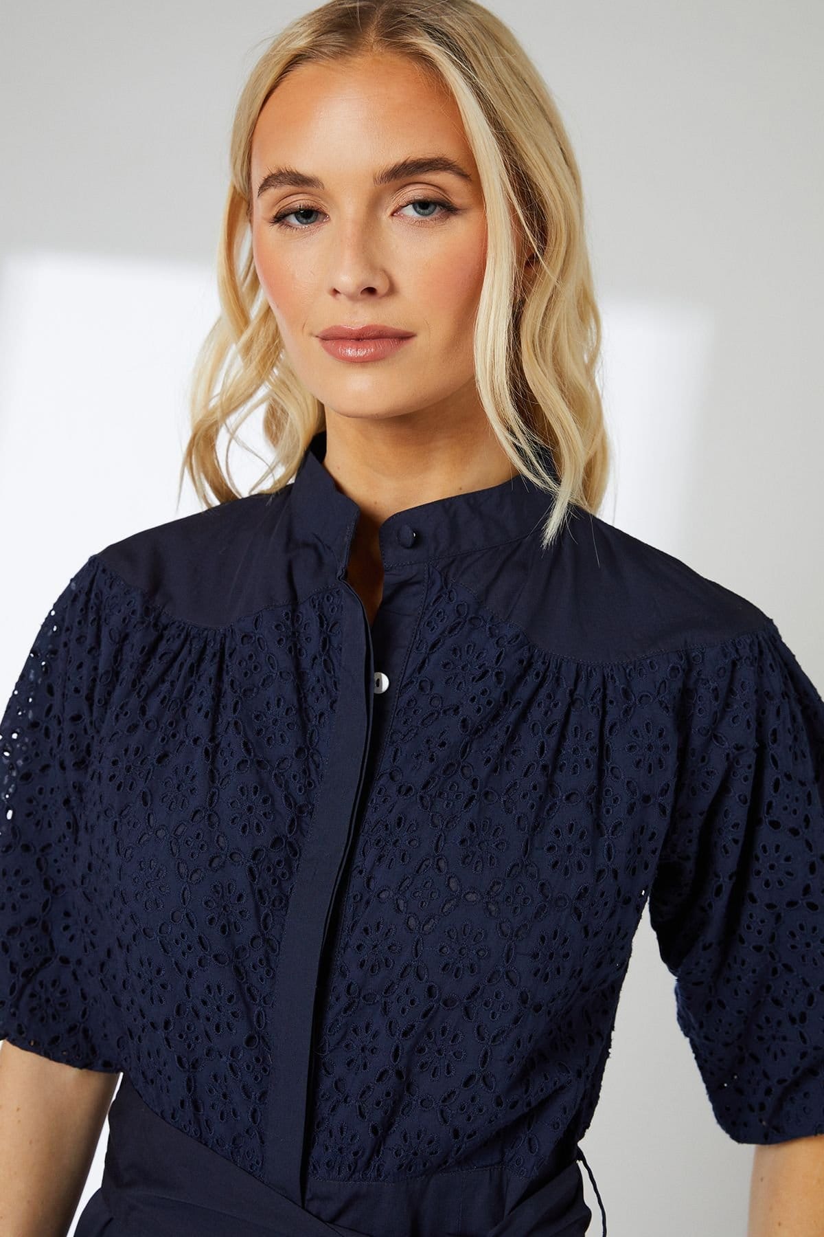 Principles Principles Women's Broderie Belted Contrast Detail Midaxi Dress in Navy - 4