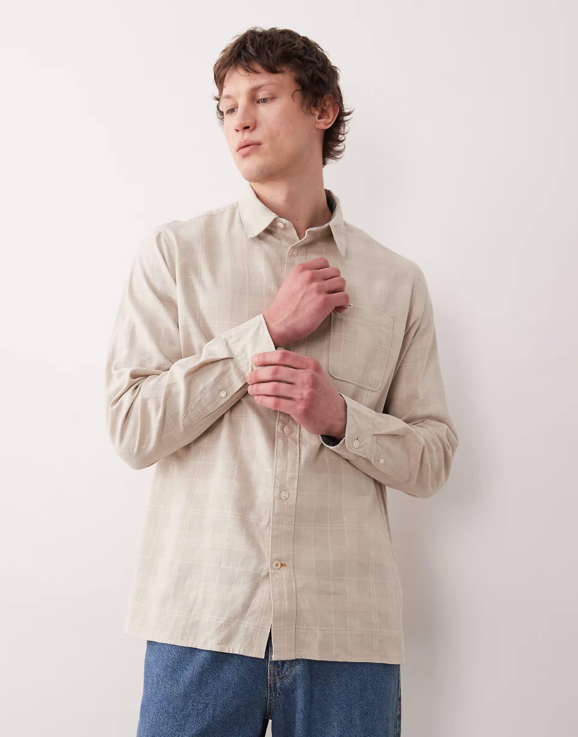 ASOS Barbour Kingswell long sleeve textured tartan relaxed shirt in light stone