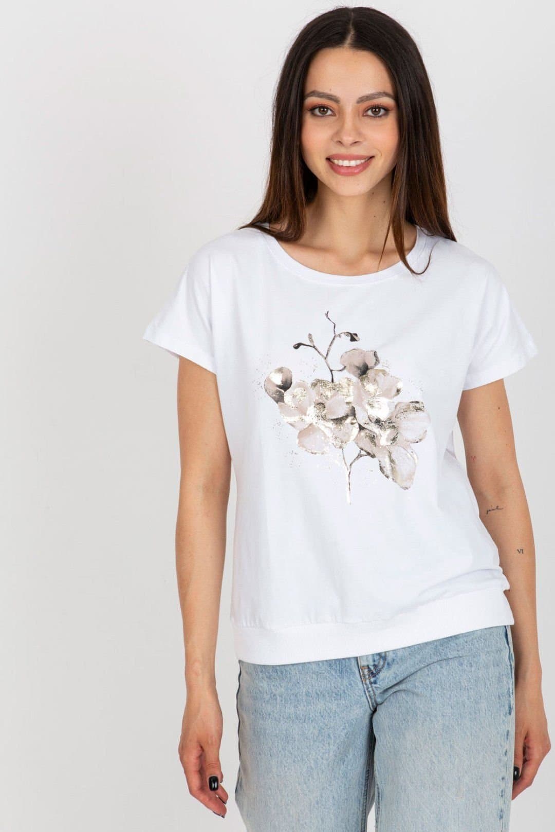 Love Lace Love Lace Women's Cotton Blouse Round Neck Short Sleeve Print in White
