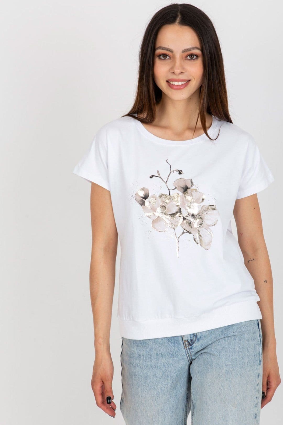 Love Lace White Cotton Round Neck Short Sleeve Print Blouse