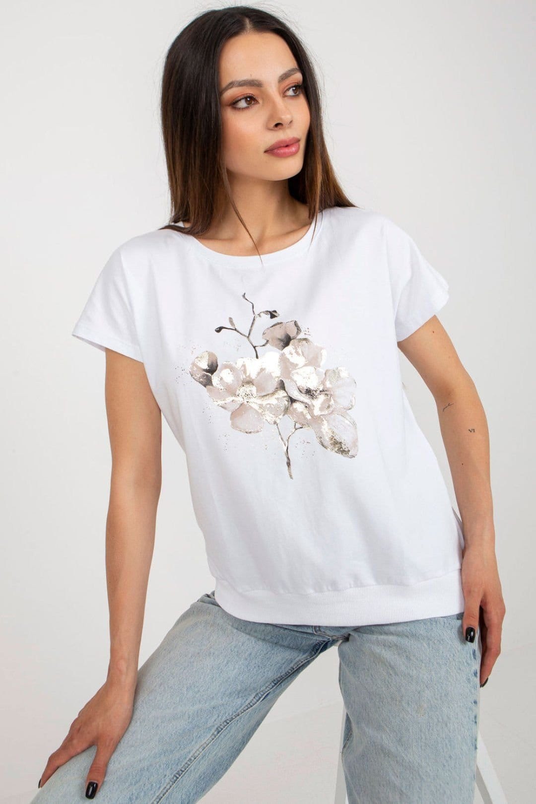 Love Lace Love Lace Women's Cotton Blouse Round Neck Short Sleeve Print in White - 4