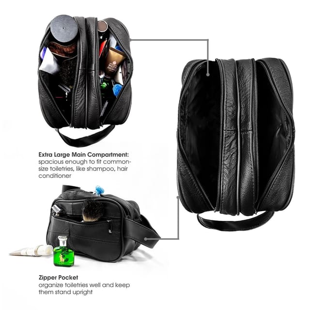 Woodland Leathers Woodland Leathers Men's Genuine Leather Wash Bag Travel Organizer Toiletry Bag in Black - 2