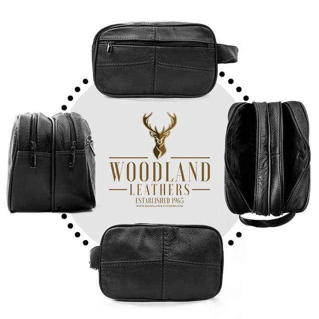 Woodland Leathers Woodland Leathers Men's Genuine Leather Wash Bag Travel Organizer Toiletry Bag in Black - 3