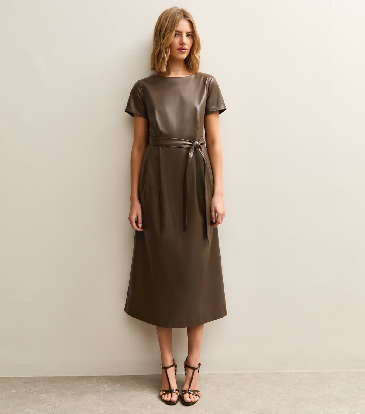 New Look Women's Light Khaki Faux Leather Belted Midi Dress New Look