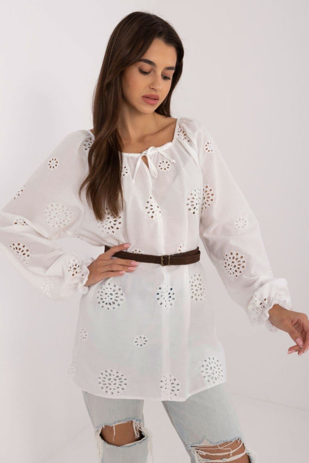 Love Lace Love Lace Women's Boho Cotton Openwork Blouse with Puff Sleeves Belt in White