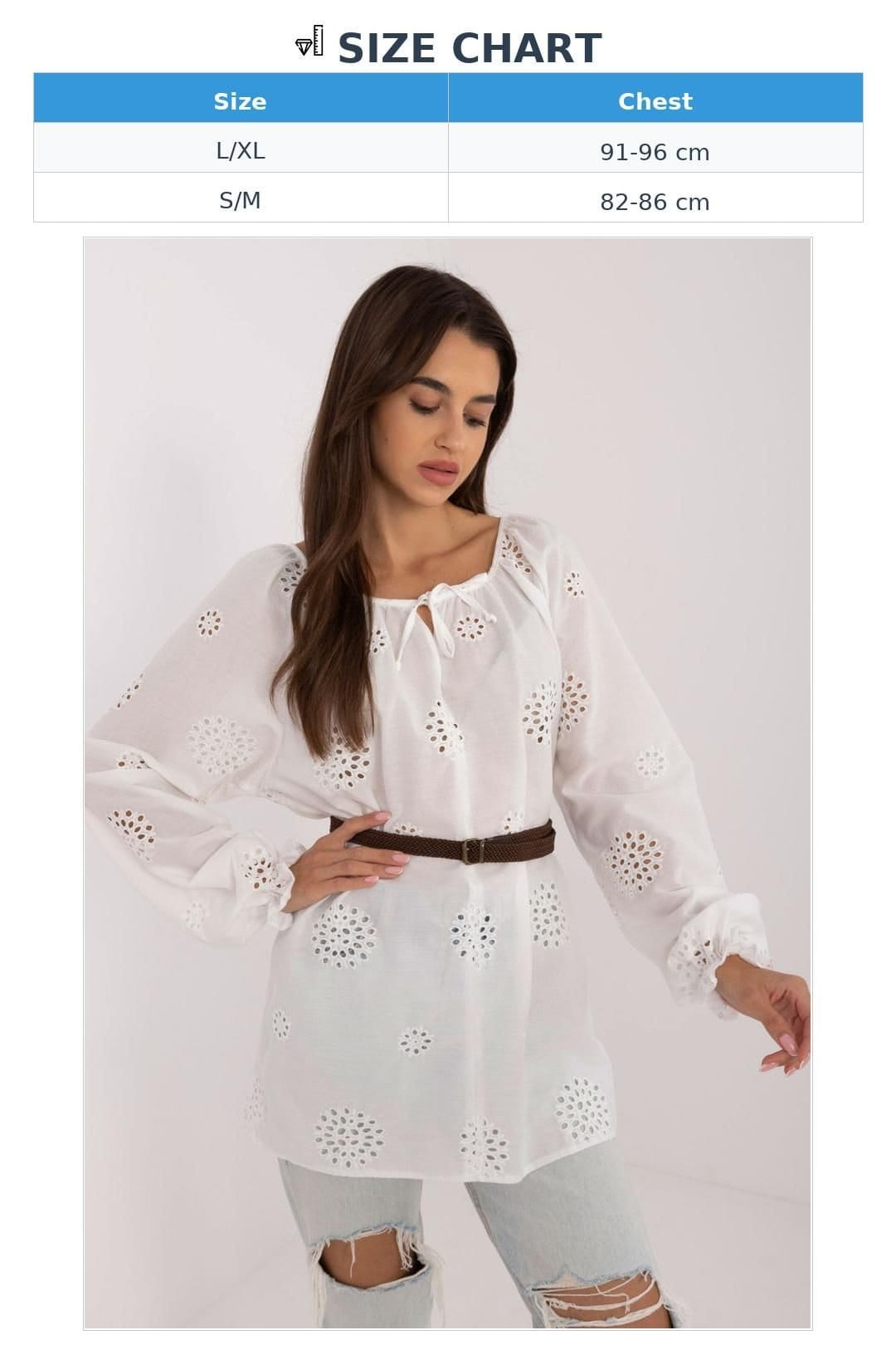 Love Lace Love Lace Women's Boho Cotton Openwork Blouse with Puff Sleeves Belt in White - 4