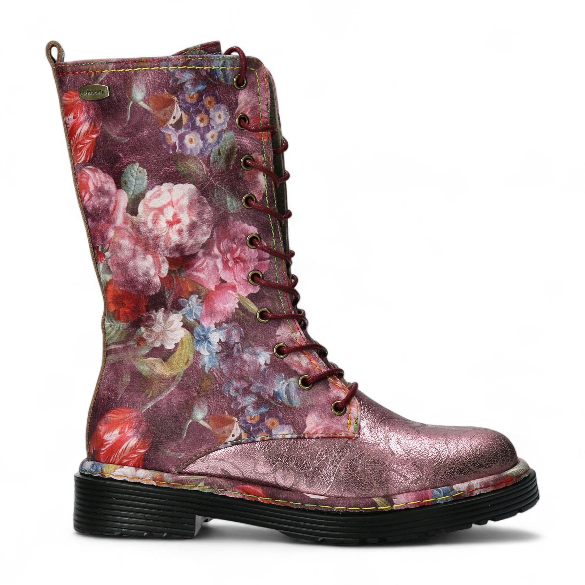 laura vita Laura Vita Women's Incaso-18 Floral Gothic Victorian Leather High Boots in Red