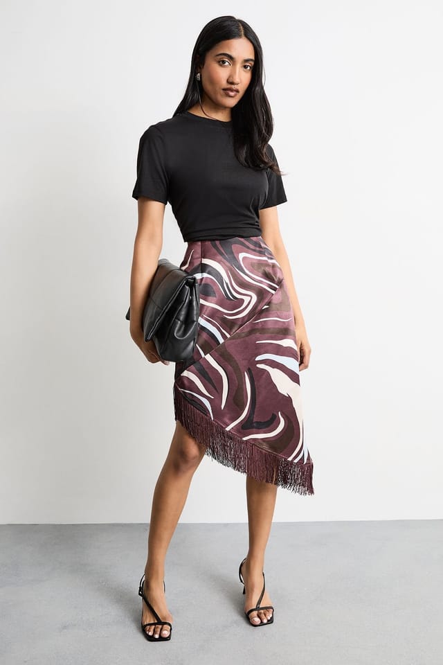 Warehouse Warehouse Women's Abstract Printed Satin Fringed Midi Skirt in Chocolate - 2