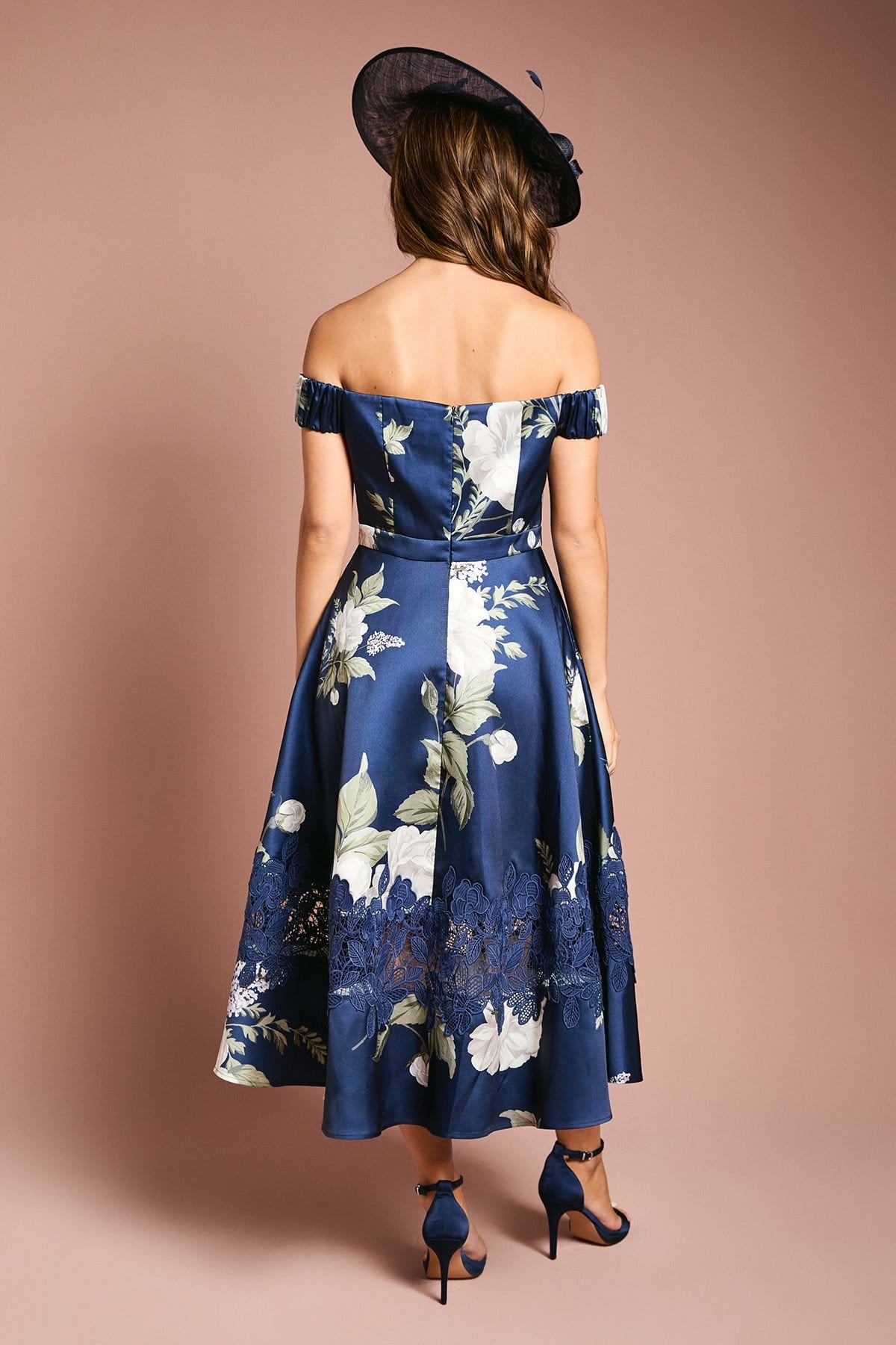 Coast Coast Women's Printed Bardot Twill Midi Dress With Lace Insert in Navy - 4