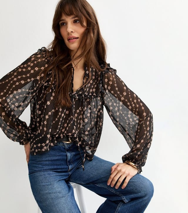 New Look Women's Tall Black Semi Sheer Floral Print Ruffle Bib Blouse New Look - 2