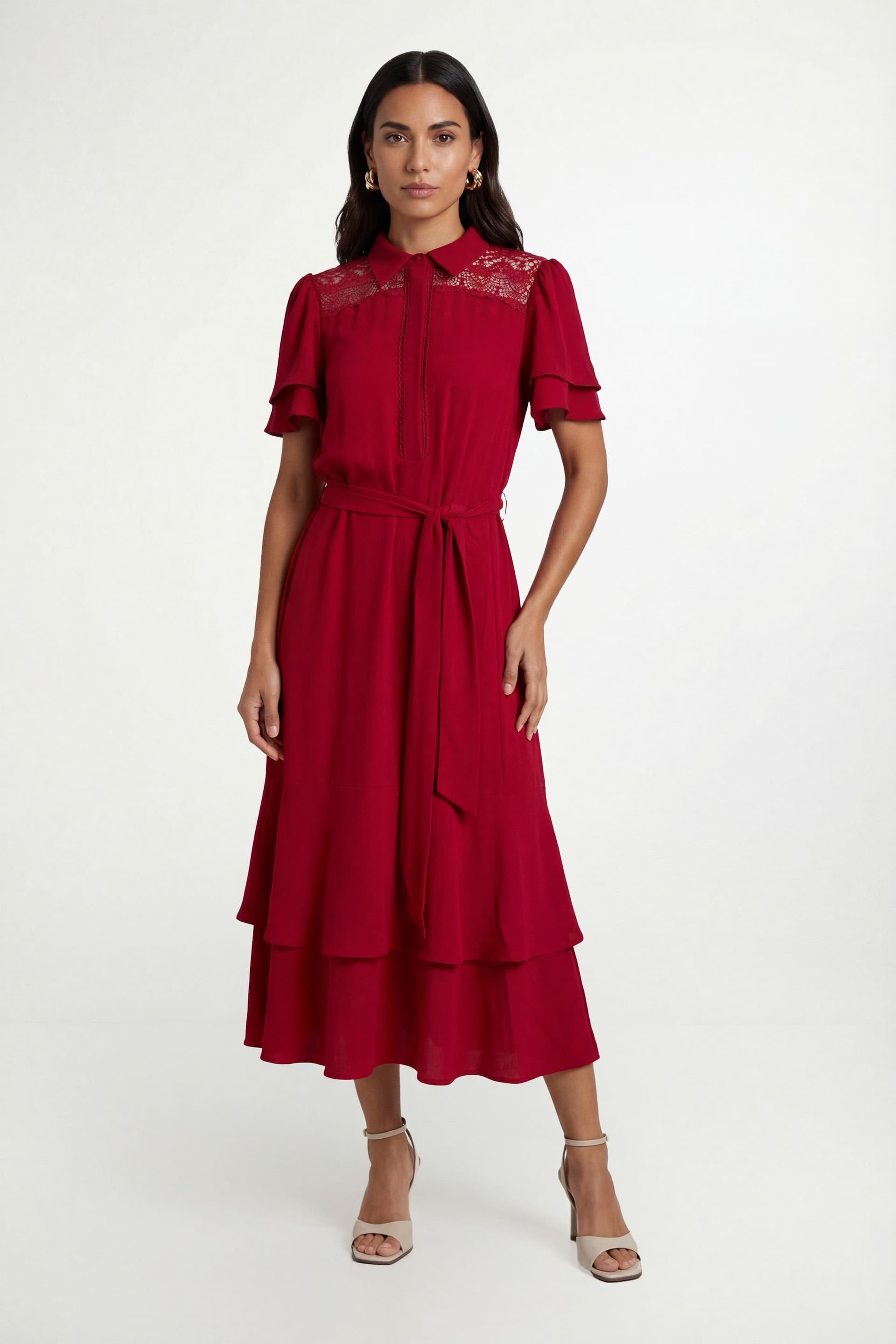 Wallis Wallis Women's Petite Lace Insert Ruffle Sleeve Midi Dress in Red