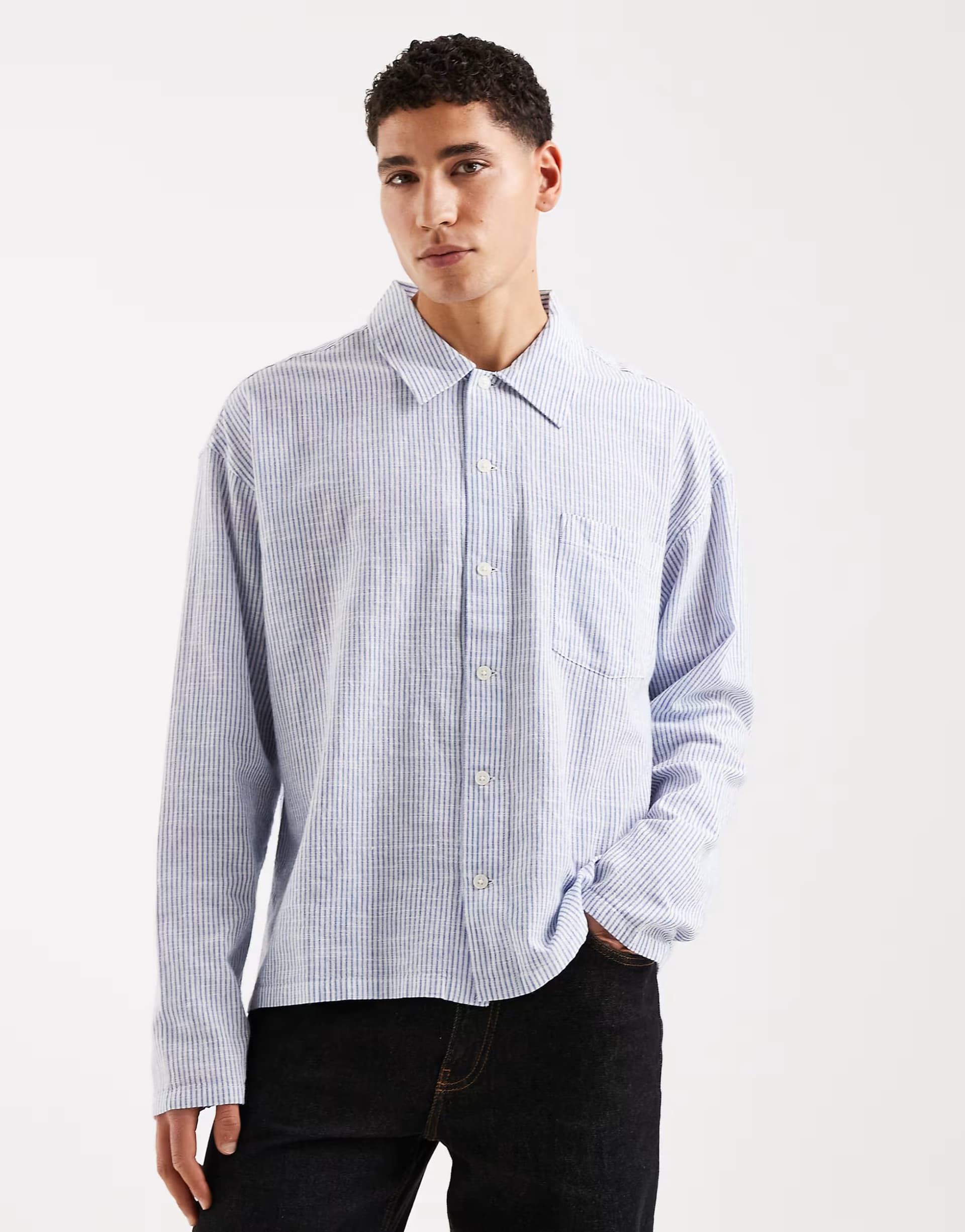 ASOS Jack & Jones boxy seersucker long sleeve shirt in blue and white stripe