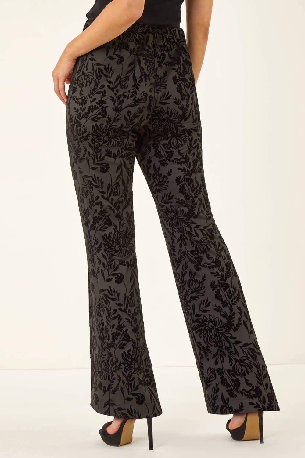 Dusk Dusk Women's Floral Flocked Premium Stretch Trousers in Black - 3