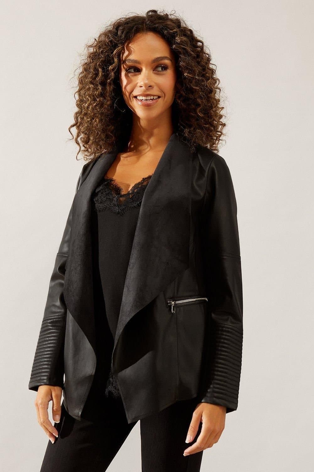 Wallis Wallis Women's Black Faux Leather Waterfall Jacket