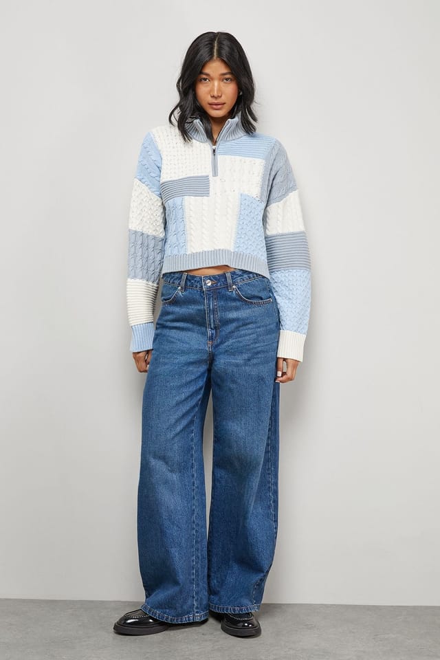 Warehouse Warehouse Women's Patchwork Crop Cable Jumper in Neutral - 2