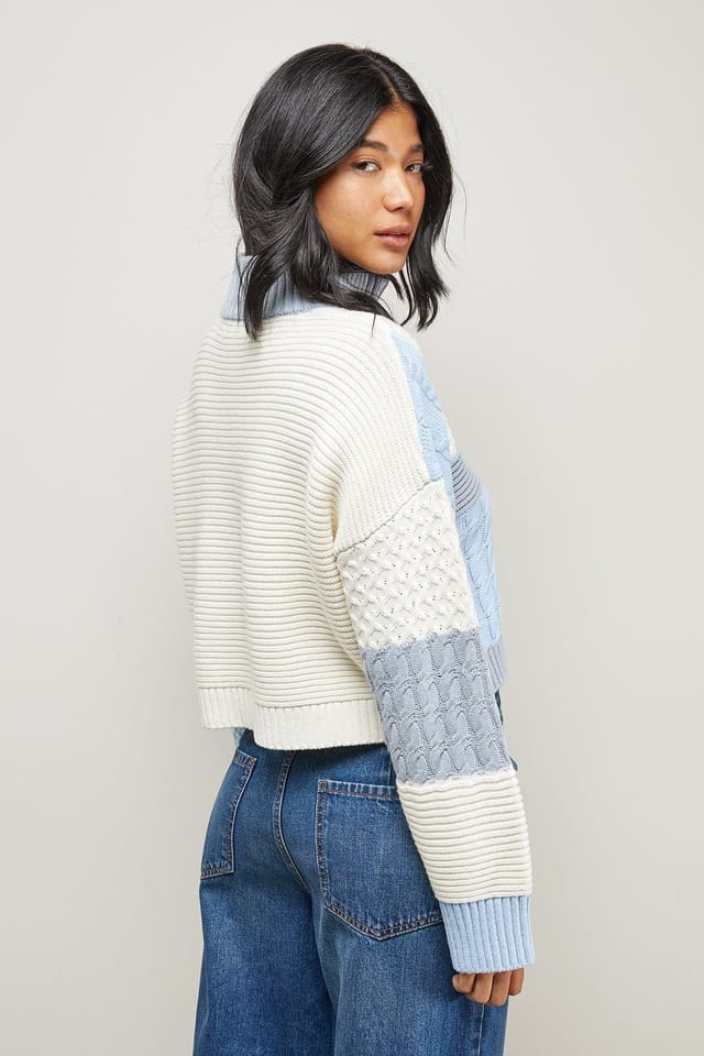 Warehouse Warehouse Women's Patchwork Crop Cable Jumper in Neutral - 3