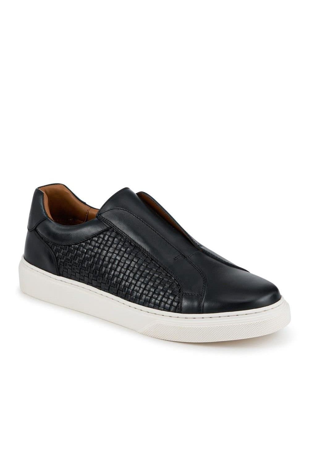 Jones Bootmaker Jones Bootmaker Men's Swindon Leather Woven Slip On Trainers in Black