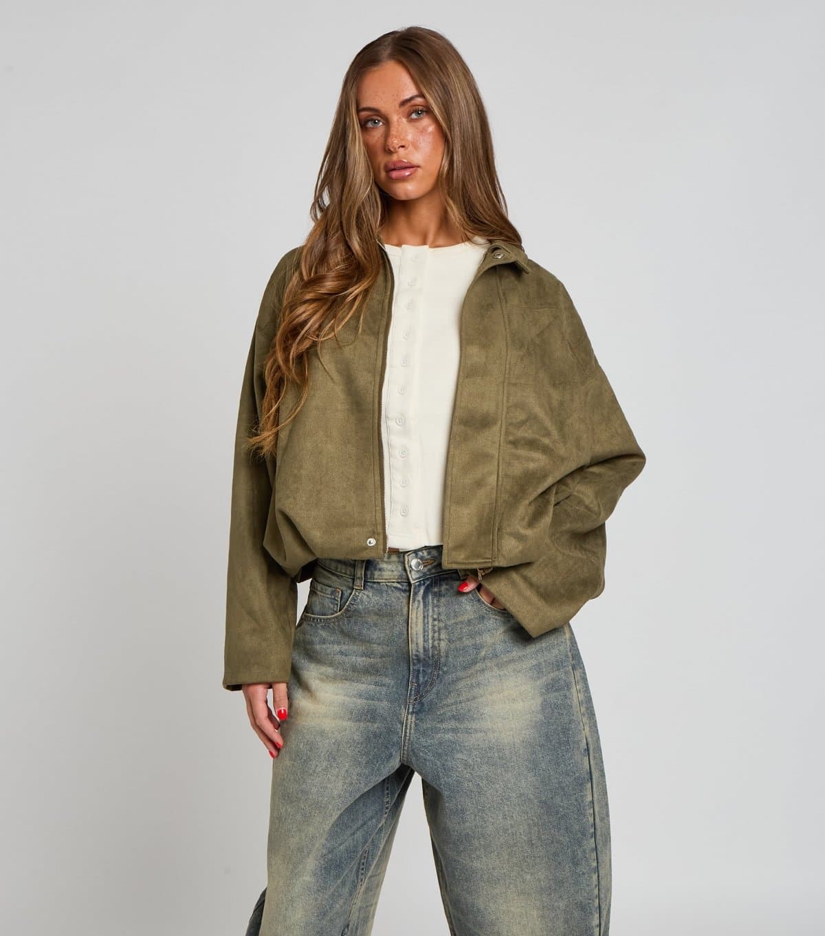 Urban Bliss Women's Khaki Faux Suede Bubble Hem Collar Jacket Urban Bliss New Look