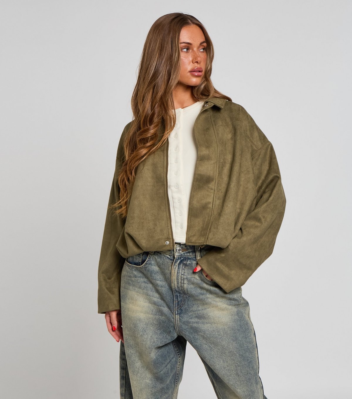 Urban Bliss Women's Khaki Faux Suede Bubble Hem Collar Jacket Urban Bliss New Look - 2