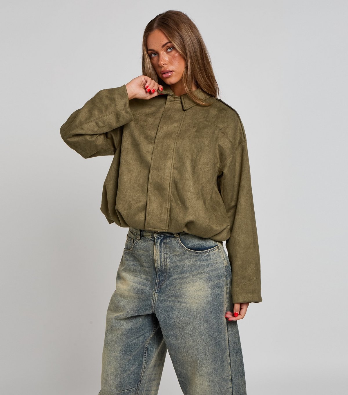 Urban Bliss Women's Khaki Faux Suede Bubble Hem Collar Jacket Urban Bliss New Look - 4