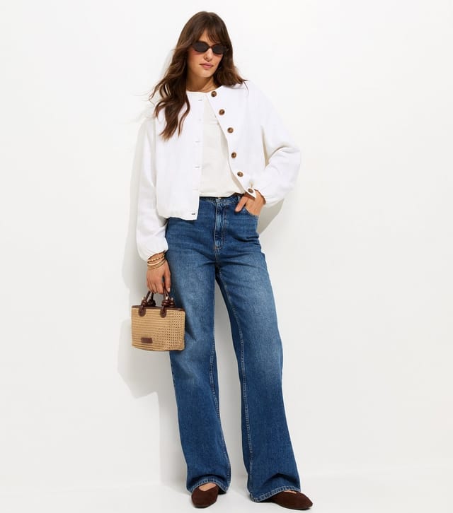 New Look Women's Tall White Linen Blend Button Through Bomber Jacket New Look - 3